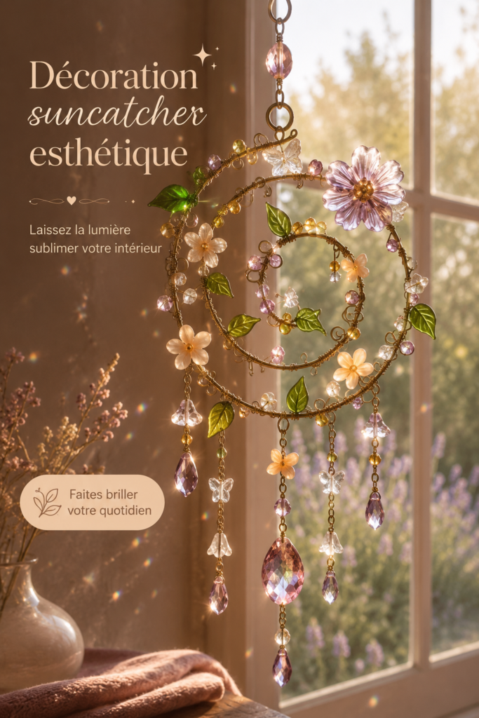 Un sun catcher coloré suspendu capturant la lumière dans un intérieur chaleureux.