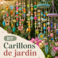 Carillon à vent fait maison en bois et métal dans un jardin
