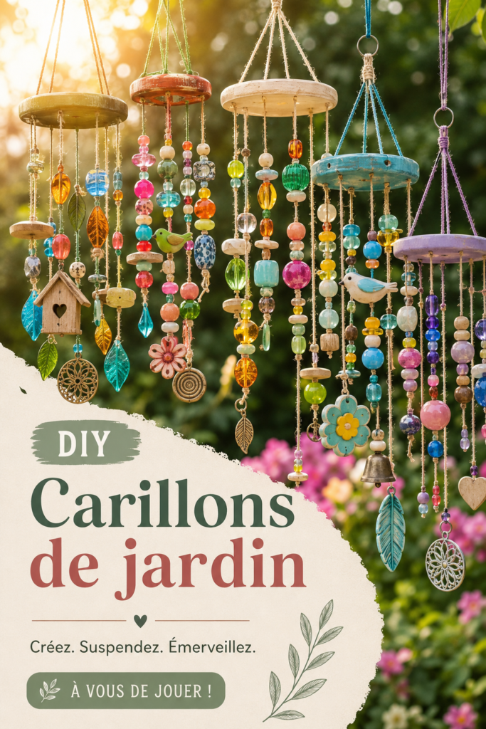 Carillon à vent fait maison en bois et métal dans un jardin