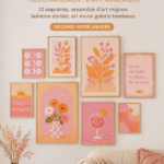 Une galerie murale en rose et orange avec des imprimés numériques modernes.