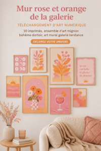 Une galerie murale en rose et orange avec des imprimés numériques modernes.