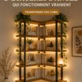 Bibliothèque d'angle en bois dans un salon élégant, mettant en valeur des livres et des objets décoratifs.