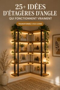Bibliothèque d'angle en bois dans un salon élégant, mettant en valeur des livres et des objets décoratifs.