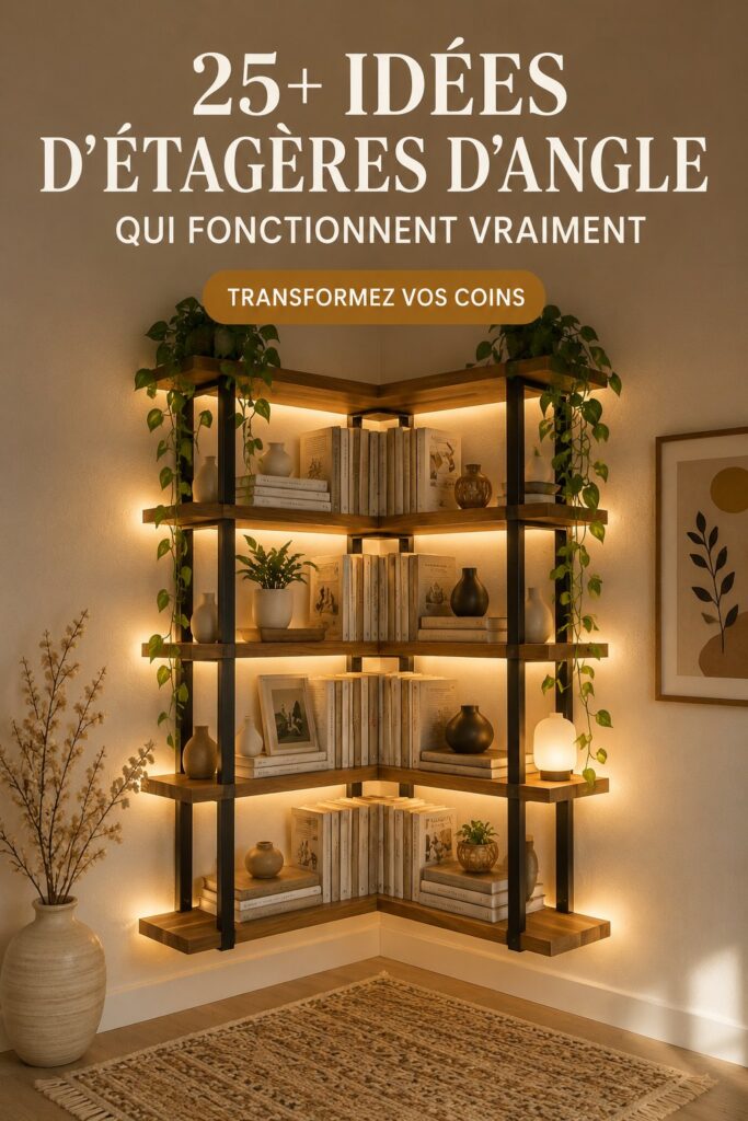 Bibliothèque d'angle en bois dans un salon élégant, mettant en valeur des livres et des objets décoratifs.
