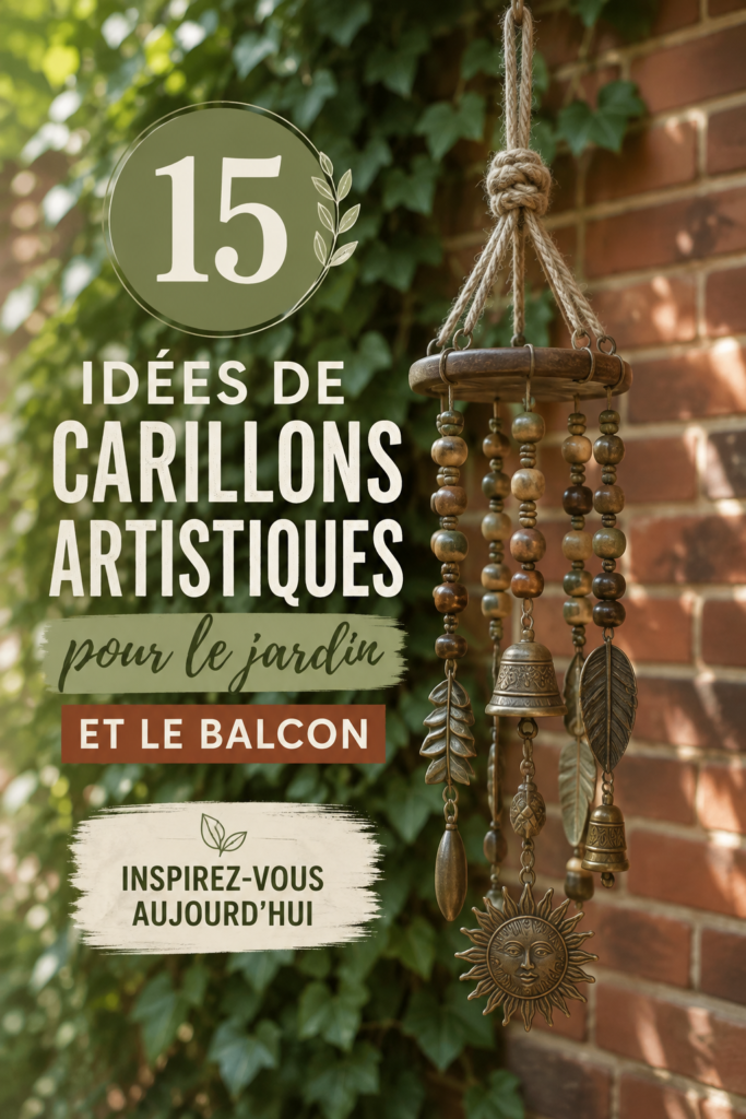 Carillons en bois suspendus décorant un jardin verdoyant