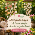 Un jardin hippie fleuri avec des couleurs vives et des plantes variées.