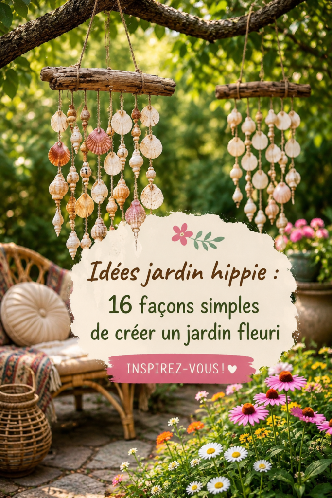 Un jardin hippie fleuri avec des couleurs vives et des plantes variées.