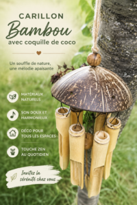 Un mobile en bambou suspendu dans un jardin, apportant une ambiance zen.