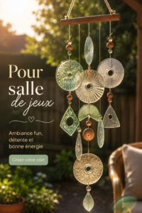Un mobile décoratif fait main au-dessus d'une salle de jeux, ajoutant une touche chaleureuse à la déco.