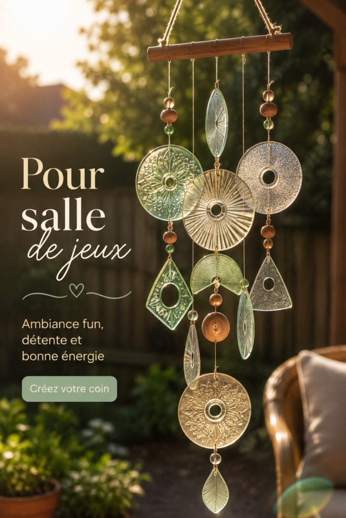 Un mobile décoratif fait main au-dessus d'une salle de jeux, ajoutant une touche chaleureuse à la déco.
