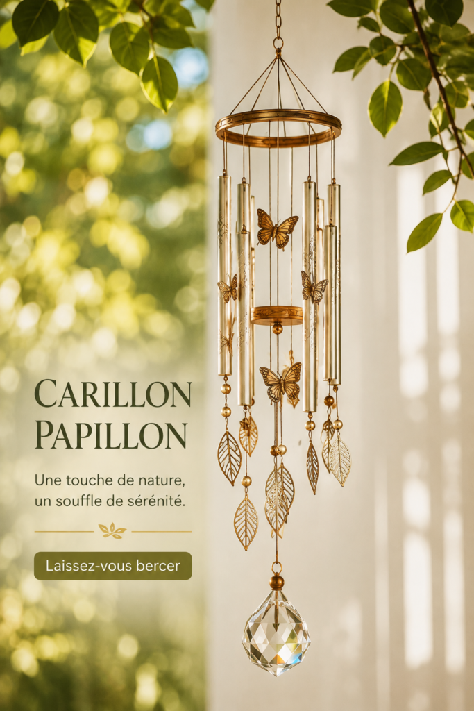 Mobile décoratif en forme de papillons suspendu dans un espace intérieur chaleureux