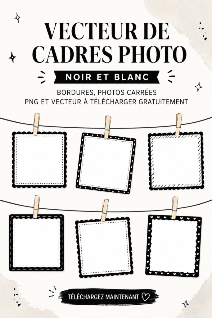 Modèles de cadres photo personnalisables en noir et blanc pour décoration intérieure.