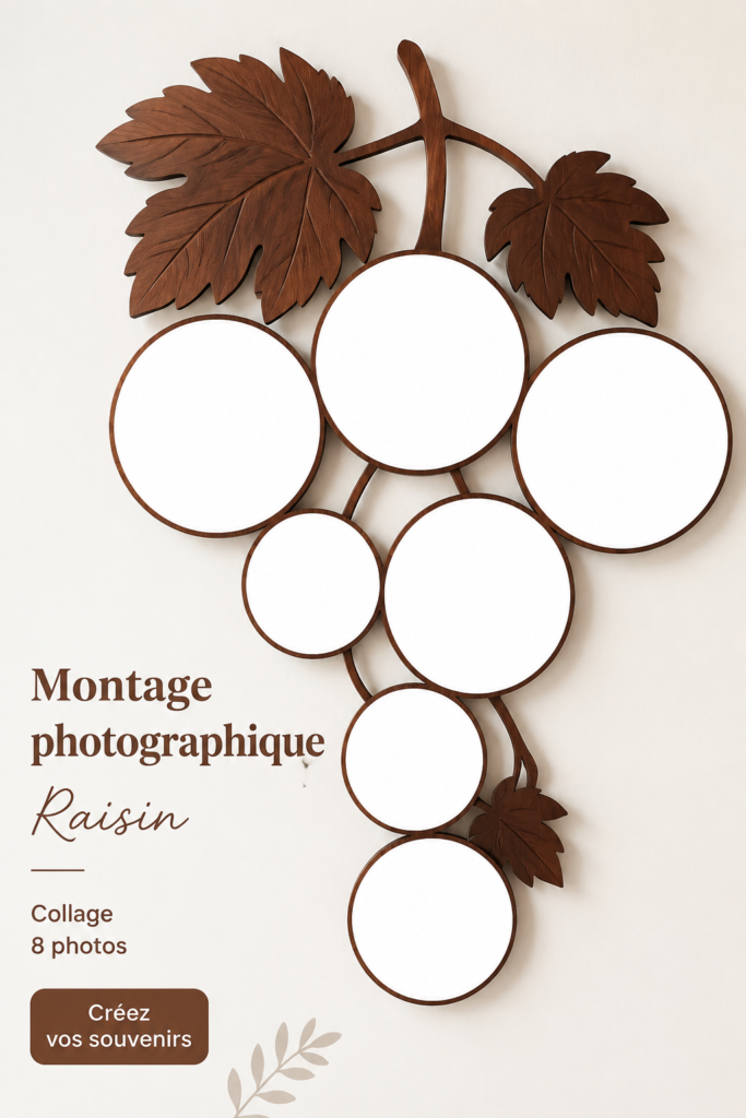 Montage photo créatif sur un mur, mettant en valeur des souvenirs familiaux.