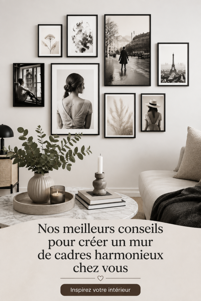 Un mur de cadres harmonieux avec des photos de famille sur fond blanc.