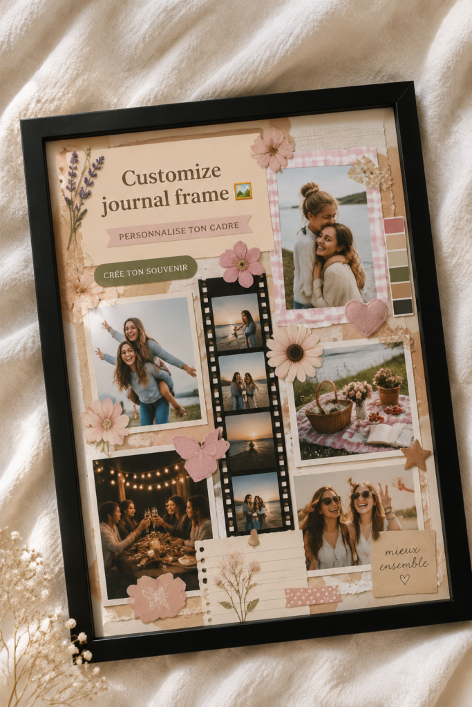 Un cadre photo personnalisé avec des souvenirs de famille, décorant un intérieur chaleureux.
