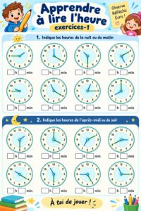 Une jeune fille pratiquant la lecture de l'heure avec une montre pédagogique.
