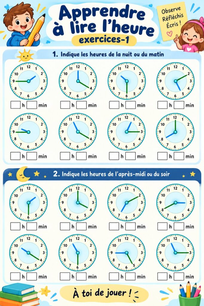 Une jeune fille pratiquant la lecture de l'heure avec une montre pédagogique.