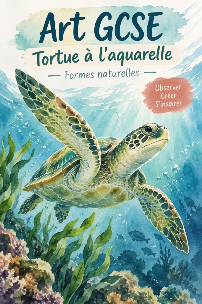 Une aquarelle de tortue nageant dans l'eau, décorative et apaisante pour un intérieur chaleureux.