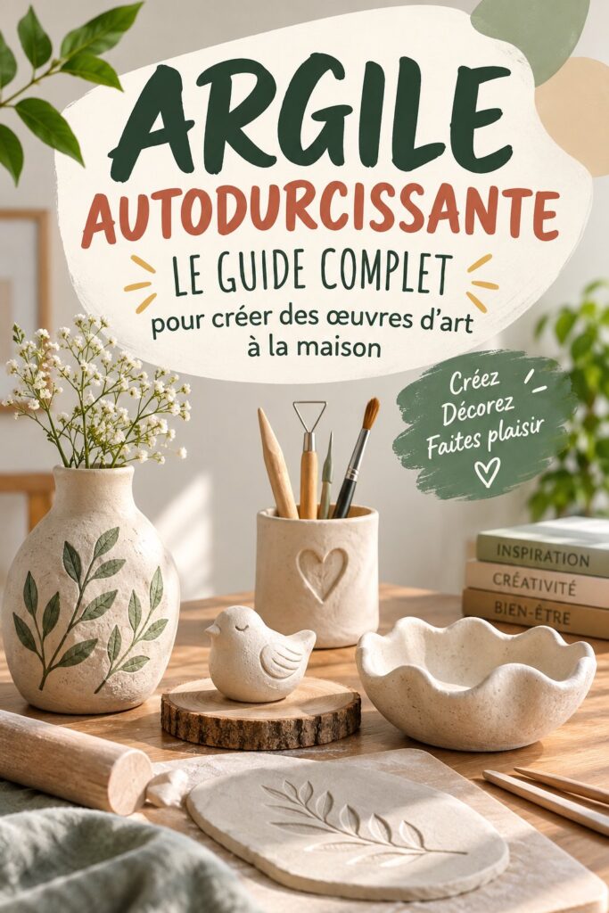 Des œuvres d'art en argile autodurcissante sur une table en bois, ajoutant une touche de décoration intérieure chaleureuse.