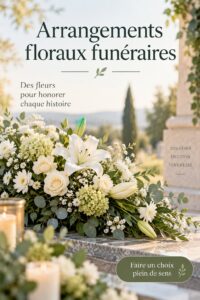 Arrangement floral funéraire avec des roses blanches et des lys, symbolisant l'amour et le souvenir.