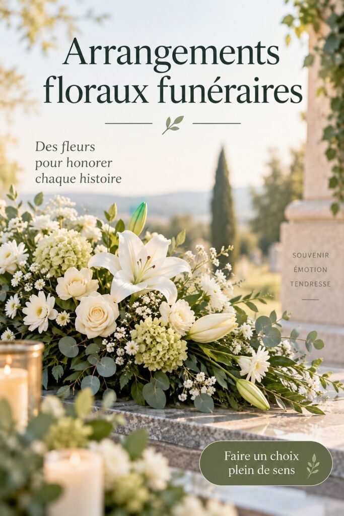 Arrangement floral funéraire avec des roses blanches et des lys, symbolisant l'amour et le souvenir.