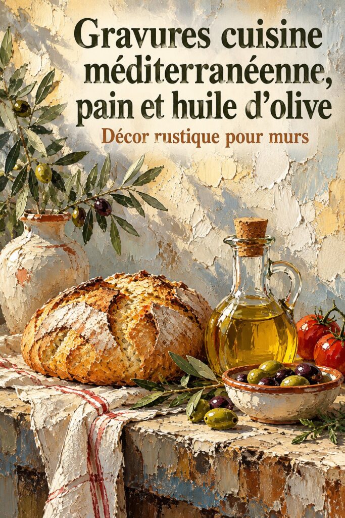 Impression artistique de pain et d'huile d'olive, décor méditerranéen pour la cuisine.