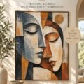 Une illustration moderne d'un visage abstrait sur un mur décoré, mettant en valeur l'art mural contemporain.