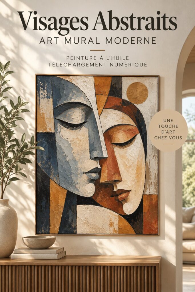 Une illustration moderne d'un visage abstrait sur un mur décoré, mettant en valeur l'art mural contemporain.