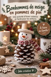 Un bonhomme de neige en pommes de pin décoré, assis sur une table avec des éléments naturels autour.