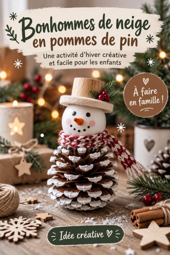 Un bonhomme de neige en pommes de pin décoré, assis sur une table avec des éléments naturels autour.