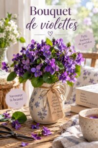 Un bouquet de violettes fraîches dans un vase sur une table en bois, apportant une touche de couleur à la décoration intérieure.