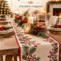 Un chemin de table élégant et festif pour une table de Noël chaleureuse.