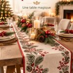 Un chemin de table élégant et festif pour une table de Noël chaleureuse.