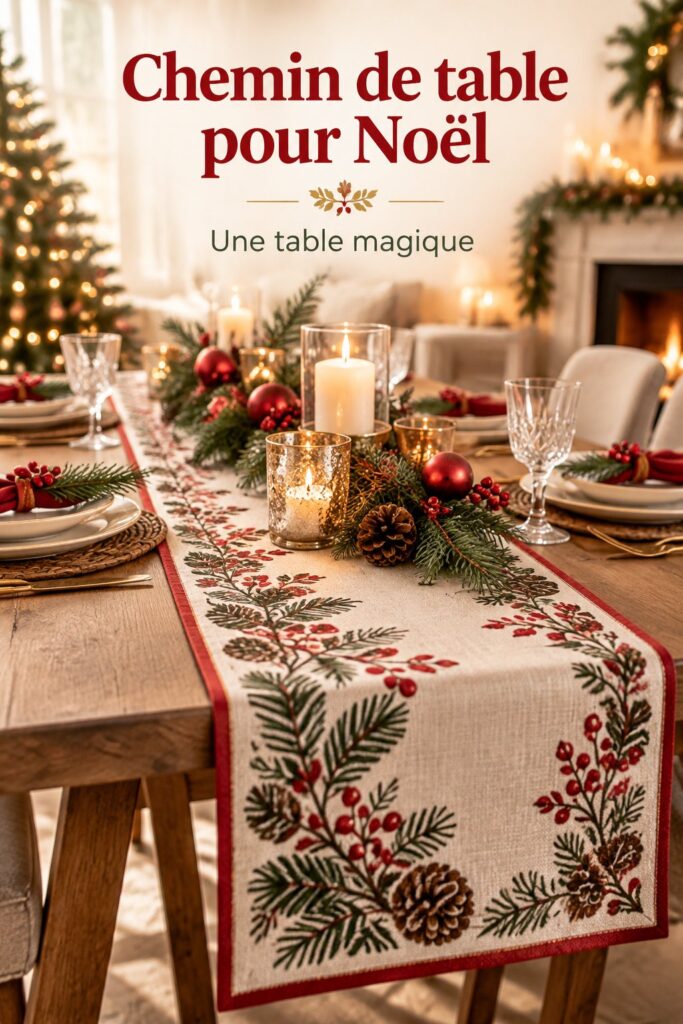Un chemin de table élégant et festif pour une table de Noël chaleureuse.
