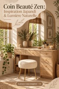 Coin beauté zen avec décor japandi, lumière naturelle