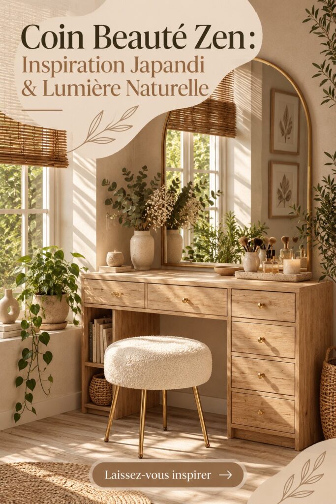 Coin beauté zen avec décor japandi, lumière naturelle