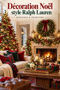 Décoration de Noël élégante inspirée par Ralph Lauren, avec des éléments chaleureux et raffinés.