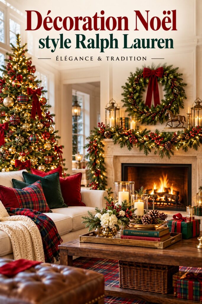 Décoration de Noël élégante inspirée par Ralph Lauren, avec des éléments chaleureux et raffinés.