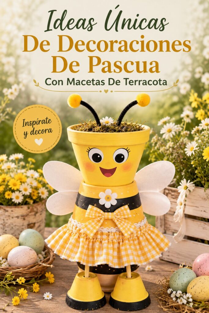 Décorations de Pâques créées avec des pots en terre cuite colorés et fleuris.