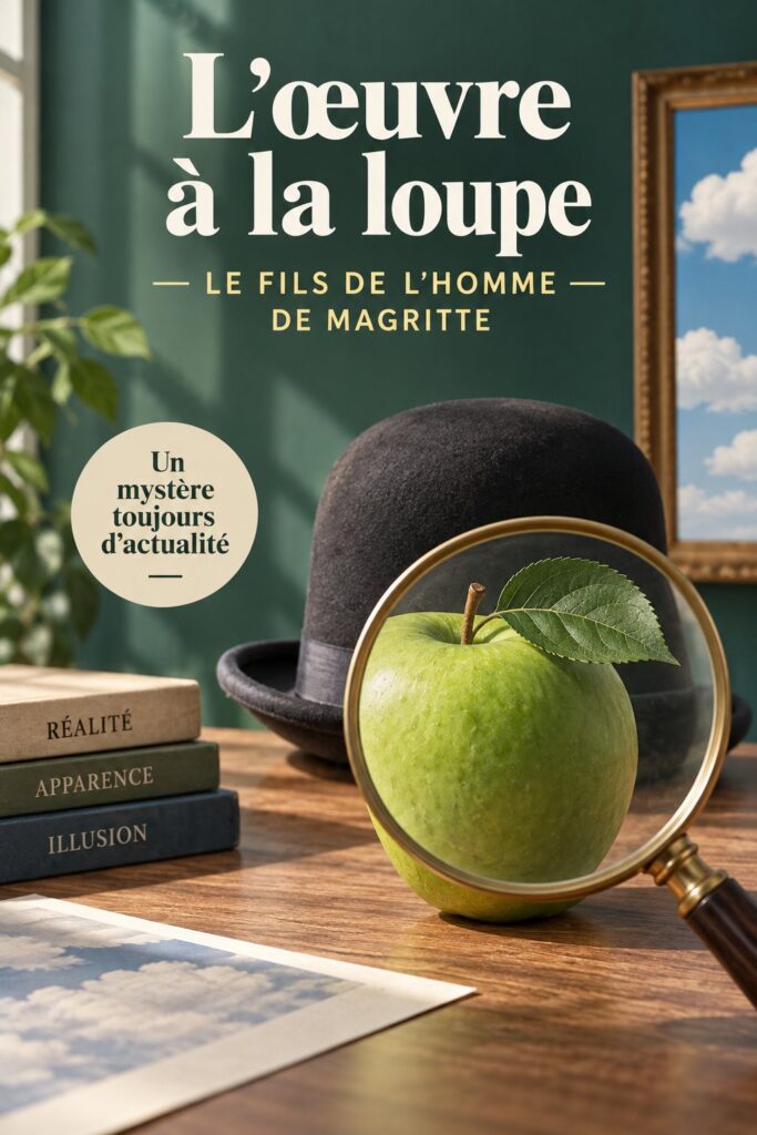 Une reproduction de l'œuvre Le fils de l'homme de René Magritte, montrant un homme au chapeau melon avec un visage caché par une pomme.