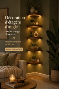 Un coin cosy décoré avec étagères en bois et lumière douce