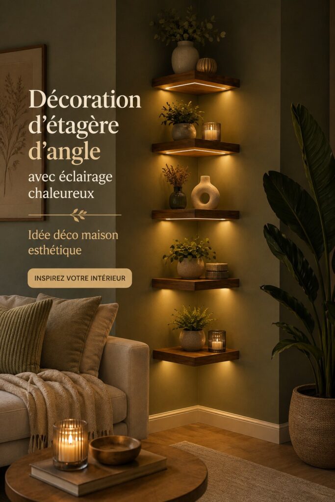 Un coin cosy décoré avec étagères en bois et lumière douce