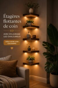 Etagères flottantes en bois avec éclairage LED doux dans un coin de salon cosy