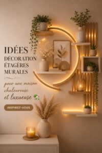 Etagères modernes soigneusement décorées dans un intérieur cosy et élégant.