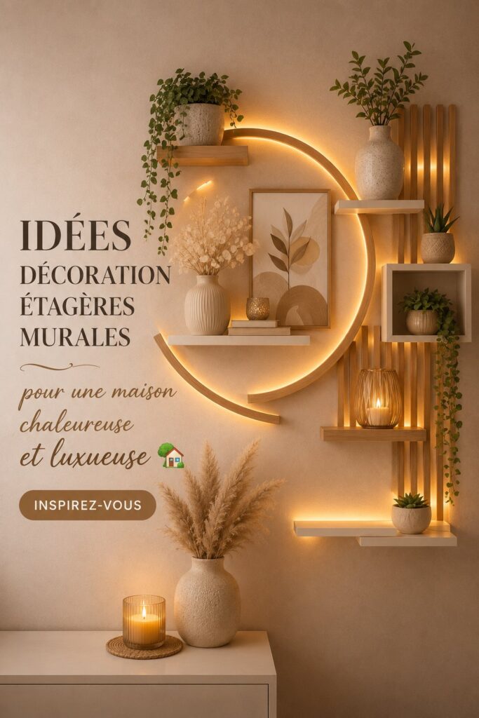 Etagères modernes soigneusement décorées dans un intérieur cosy et élégant.