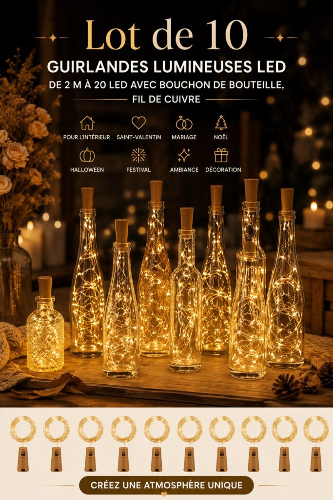 Guirlandes lumineuses LED en cuivre suspendues dans un intérieur chaleureux