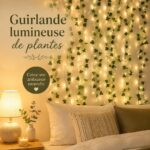 Guirlande lumineuse décorative avec des plantes suspendues dans un intérieur chaleureux.