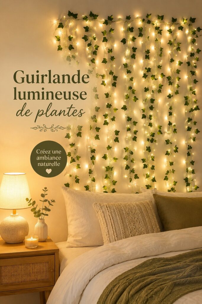 Guirlande lumineuse décorative avec des plantes suspendues dans un intérieur chaleureux.