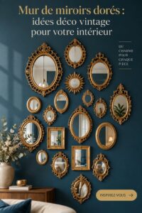 Miroir doré vintage accroché dans un salon élégant avec des touches de décoration chaleureuses.