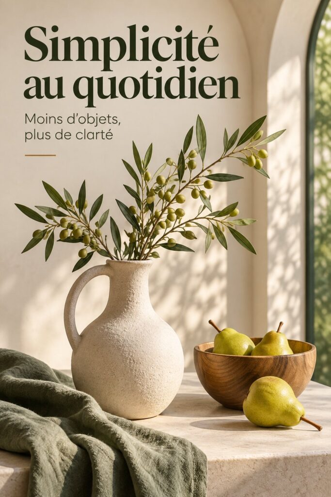 Intérieur de style minimaliste avec des couleurs neutres et des formes épurées.